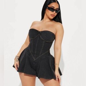 Fashion Nova Black Denim Strapless Romper